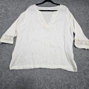 Sigrid Olsen Linen XXL White V Neck Beachy Tunic Boho Embroidered Airy Coastal